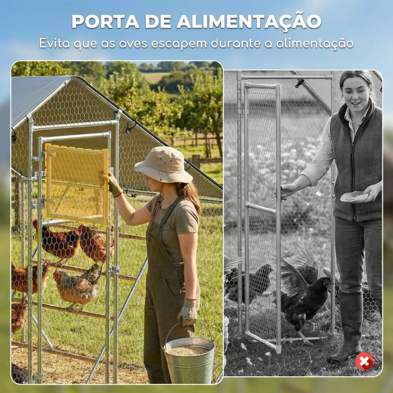 PawHut Galinheiro para Exterior 3x2 m Galinheiro de Aço Galvanizado com Comedouro Suspenso Tipo Espeto Poleiro Anti-UV Prata