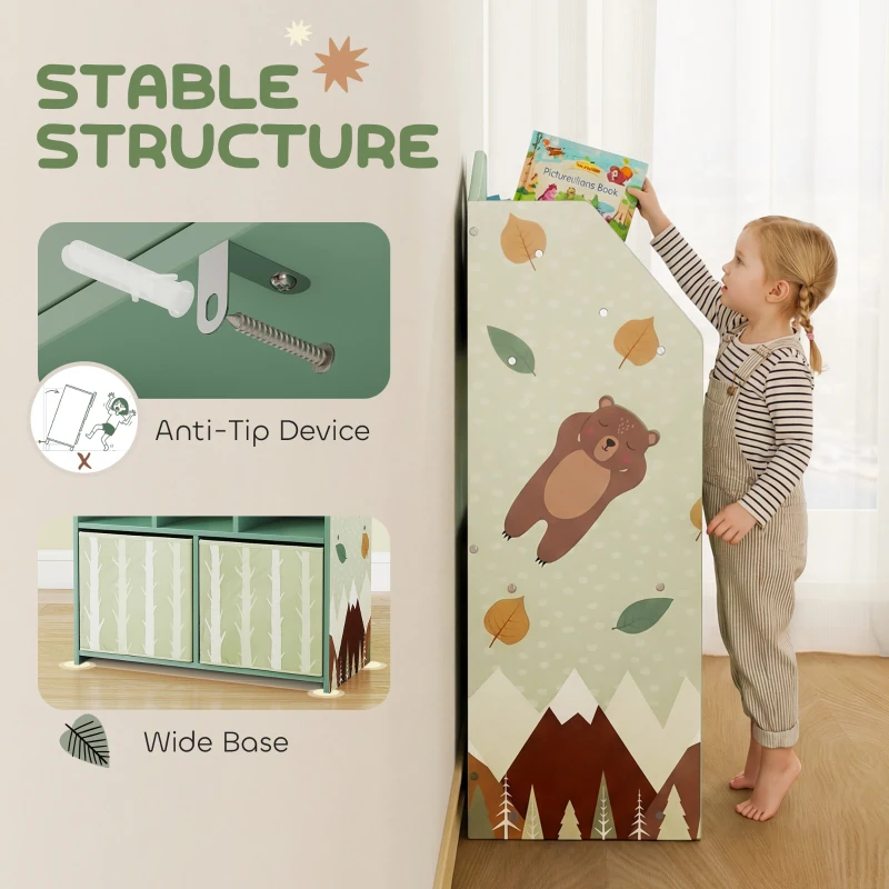 AIYAPLAY Kids Bookshelf with Storage, Toy Storage Unit with Book Display, Shelves and Fabric Drawers for Playroom Nursery, Green