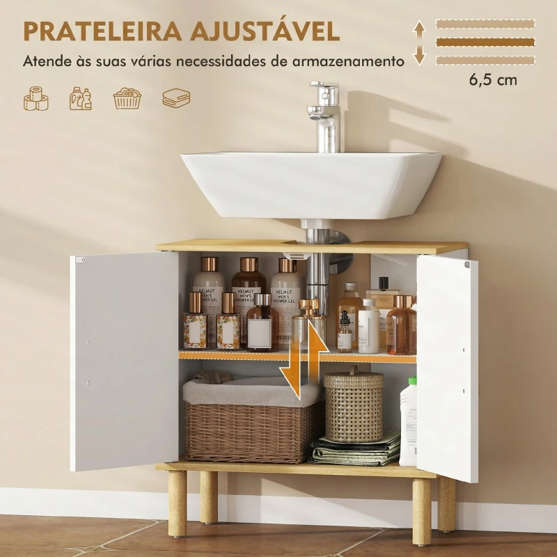 HOMCOM Móvel para Baixo do Lavatório com Prateleira Ajustável, Armário para Lavatório sem Pedestal com Portas Caneladas 60x30x61 cm Branco