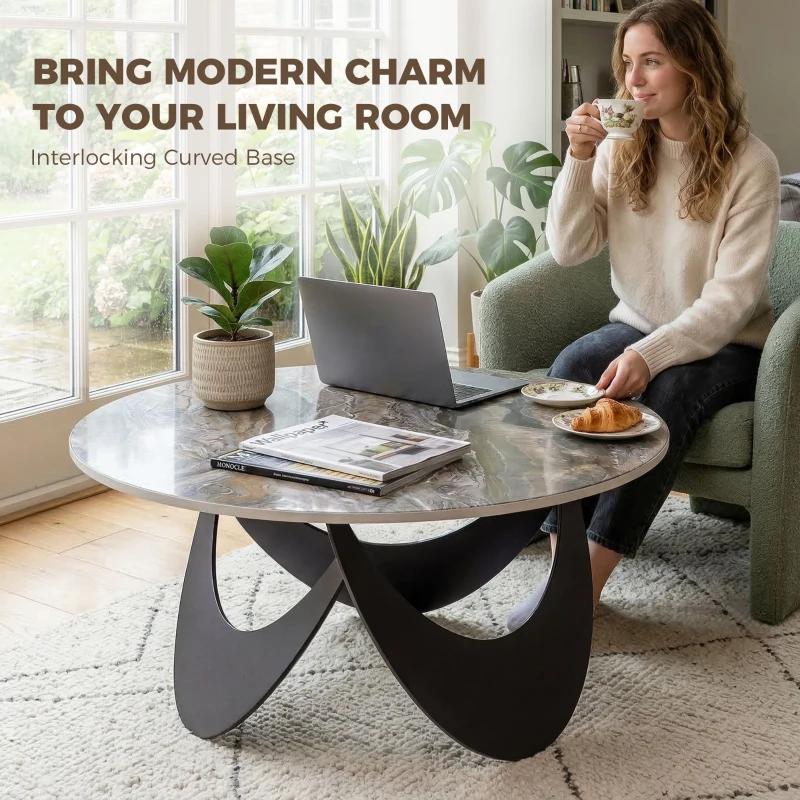 HOMCOM Coffee Table Sintered Stone Top Adjustable Foot Pads Modern Centre Table for Living Room Brown and Black