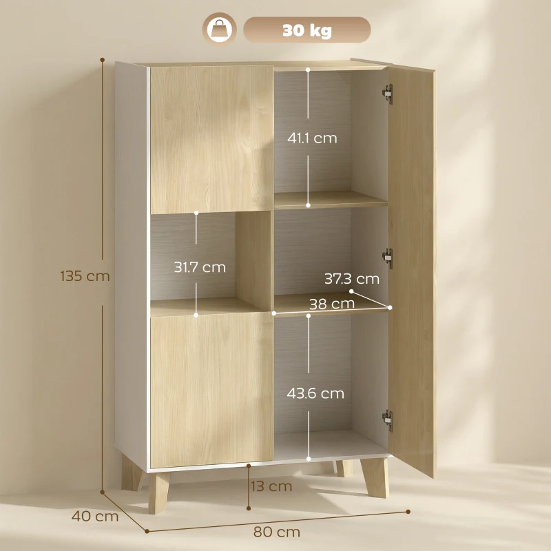 HOMCOM Servantă de Bucătărie, Mobilier de Bucătărie cu 6 Compartimente cu Uși Soft Close pentru Living, Sufragerie, Alb și Lemn