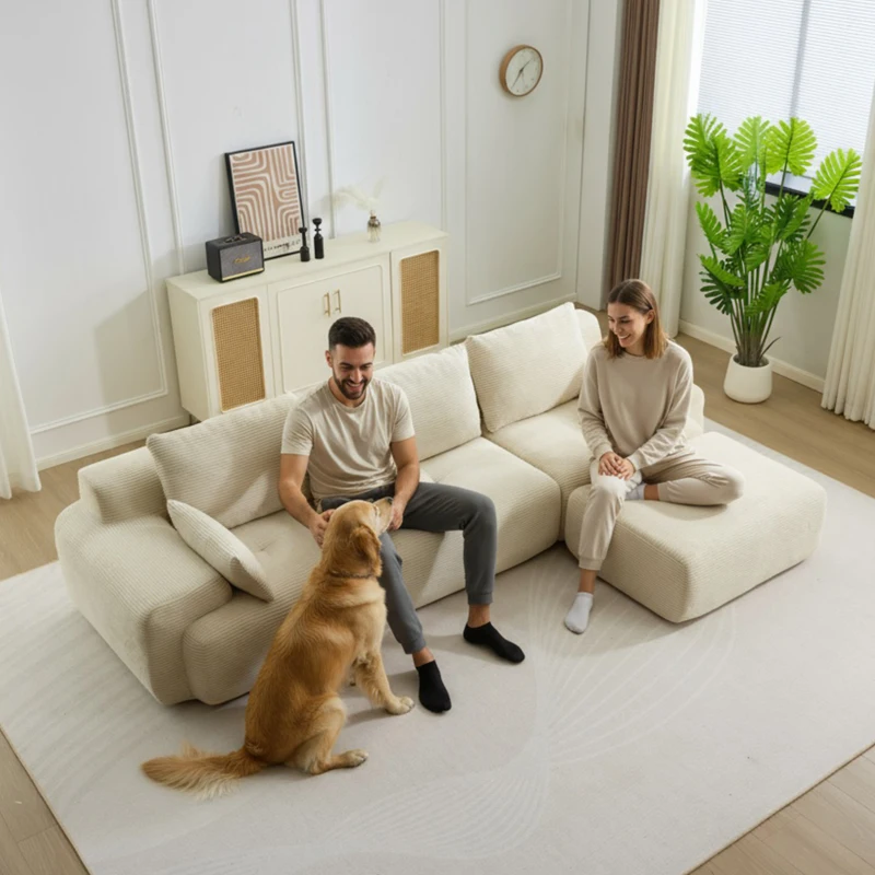 Modernes Sofa aus komprimiertem Memory-Schaumstoff, große Sofagarnitur für das Wohnzimmer, haustierfreundliches modulares Sofagarnitur Cloud, Cordstoff, kein Zusammenbau erforderlich, Beige