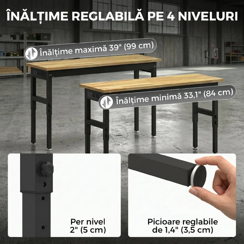 HOMCOM Masă de Lucru Reglabilă 122 cm, Blat Robust din Lemn de Cauciuc, 2 Prize AC și 2 Porturi USB, Panou Perforat, Capacitate 900 kg, pentru Garaj, Atelier și Casă