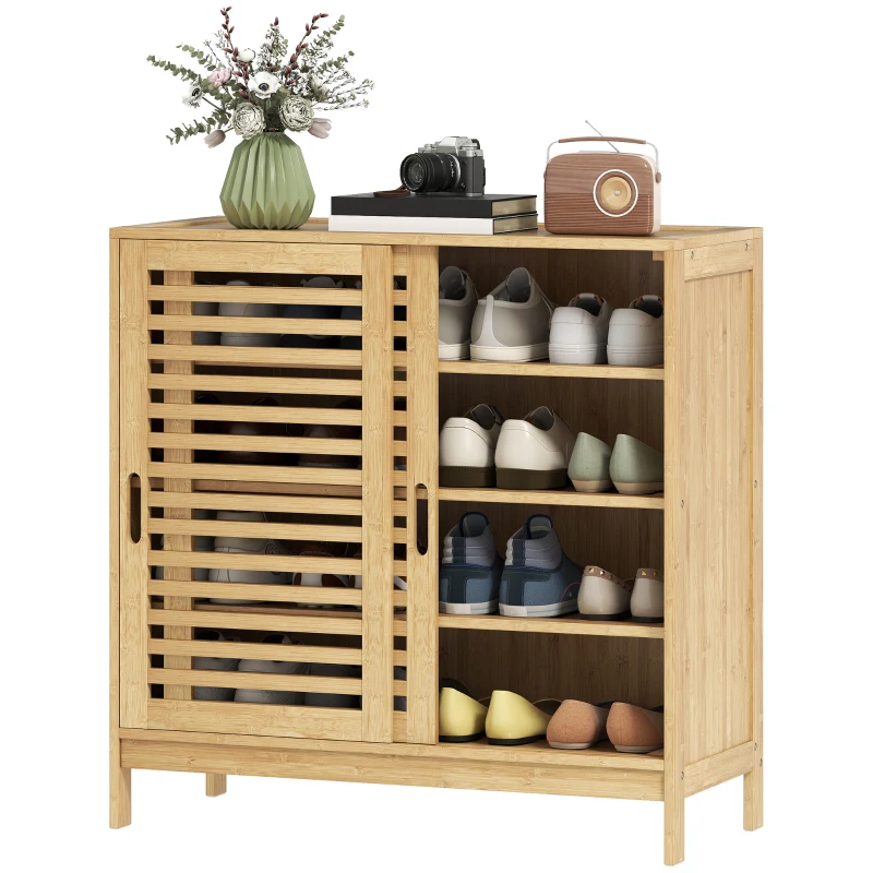HOMCOM Bamboo Shoe Cabinet with 2 Sliding Slat Doors, 16Pairs, Adjustable Shelves, Natural