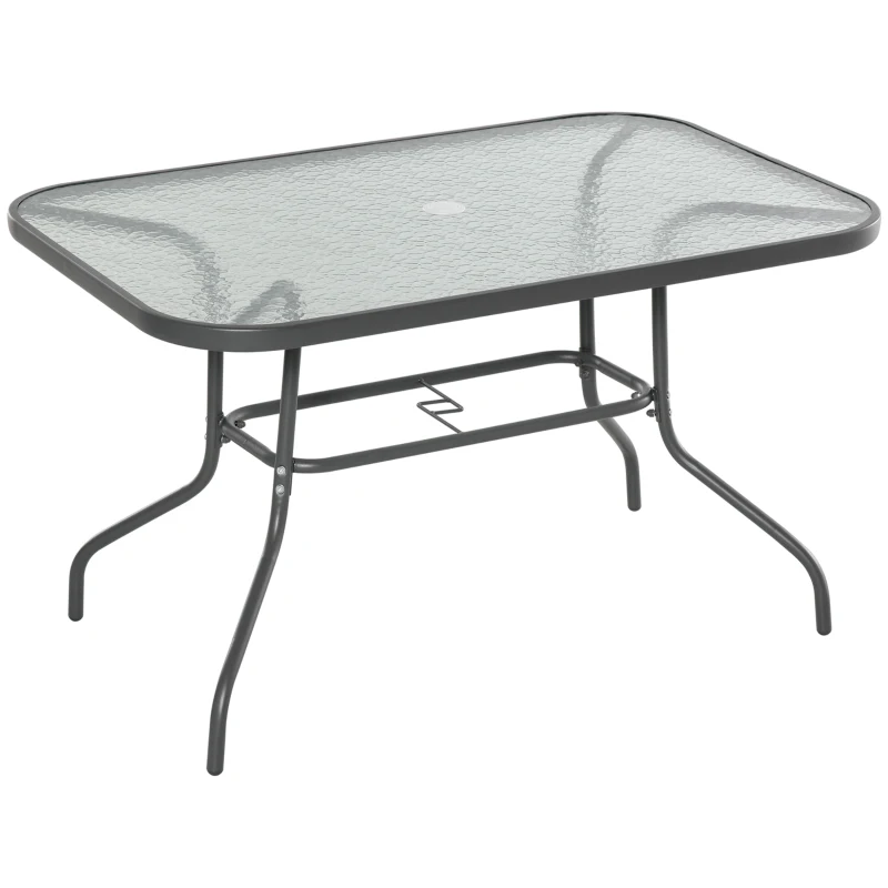 Outsunny Outdoor Garden Dining Table with Glass Top, Metal Frame Table with Parasol Hole for Backyard, Balcony, 120L x 80Wcm, Grey