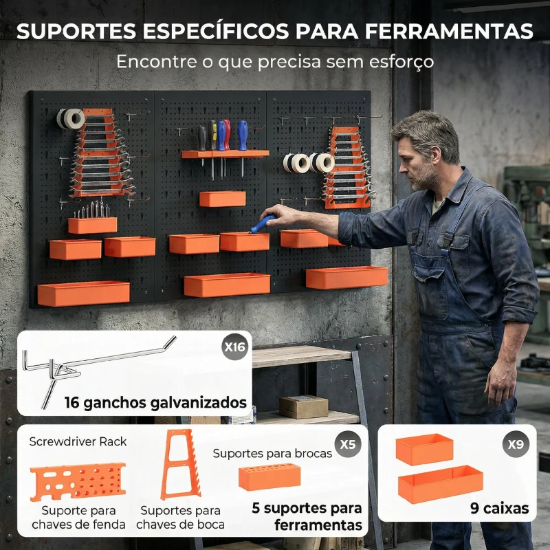 HOMCOM Organizador de Ferramentas de Parede de 33 Peças 120x60 cm com Ganchos Contentores e Prateleiras Preto e Laranja