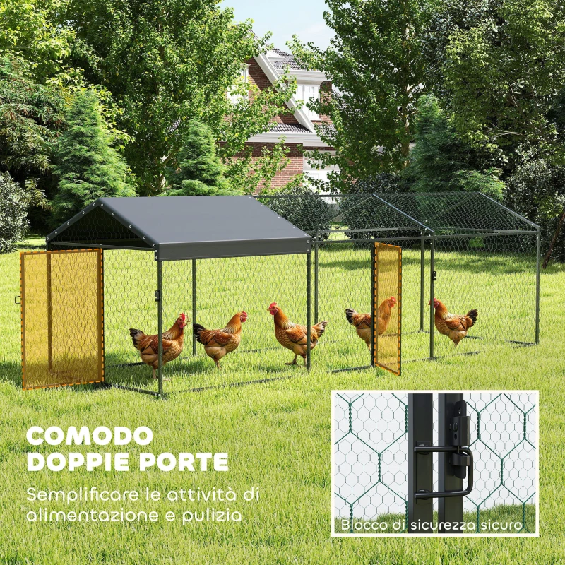 PawHut Pollaio per Galline da Esterno, 3x1x1m, in Acciaio Zincato con Tetto Impermeabile Anti-UV e Serratura