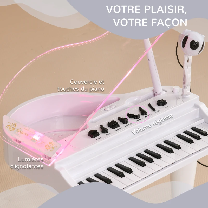 AIYAPLAY Piano enfant électronique 32 touches multifonctions avec micro haut parleur tabouret couvercle lumineux LED blanc