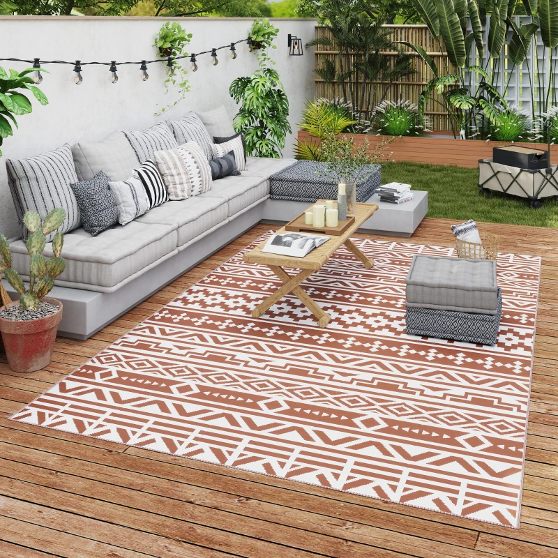 Outsunny Tapis d'extérieur réversible 1,8 x 2,7 m, tapis de sol au motif mur géométrique en PP sac de transport rouge et blanc