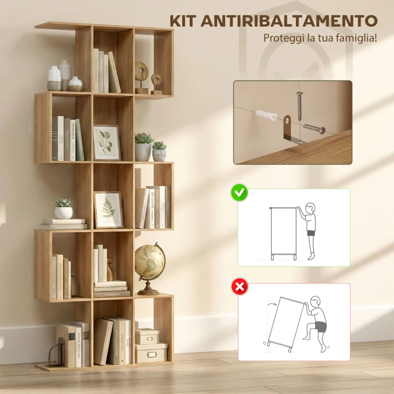 HOMCOM Libreria Scaffale a 5 Livelli a S con 15 Ripiani, in Legno, 80x24x200 cm, color Rovere