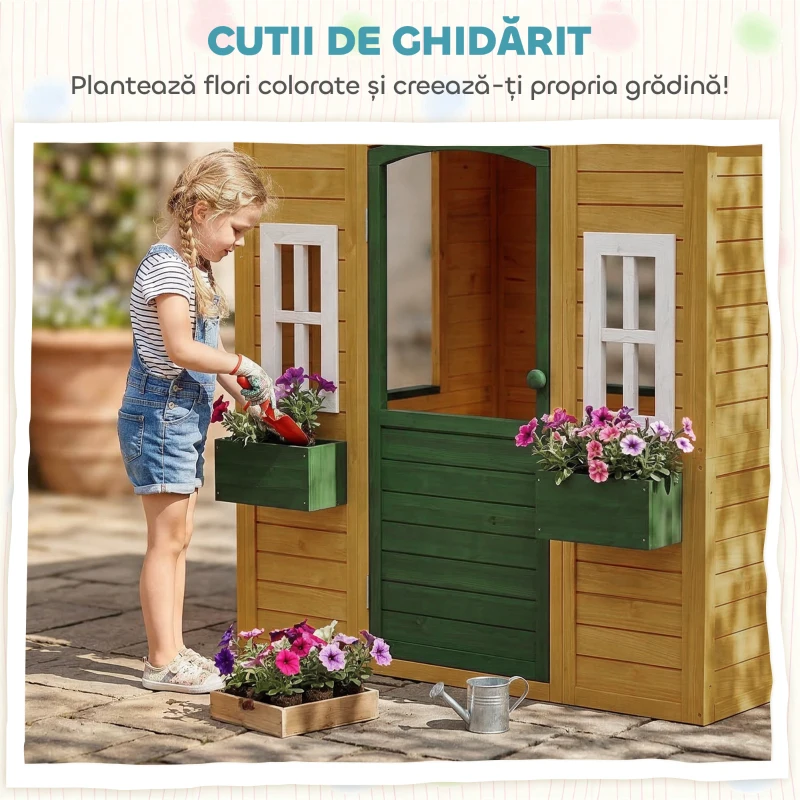AIYAPLAY Căsuță de Grădină pentru Copii din Lemn de Molid, Căsuță de Exterior cu 3 Ferestre, 2 Jardiniere, Ușă și Acoperiș, pentru Copii 3-8 Ani, Interior și Exterior, 134.5x97x150 cm, Maro