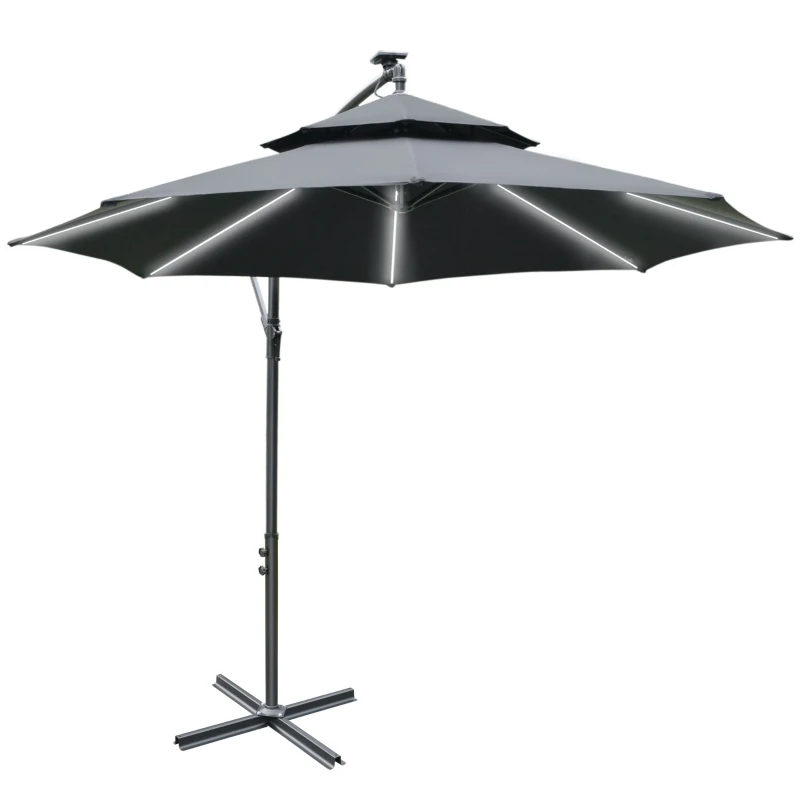 Outsunny 3(m) Cantilever Banana Parasol Hanging Umbrella with LED Solar lights, Crank, 8 Sturdy Ribs and Cross Base for Outdoor, Garden, Patio, Black