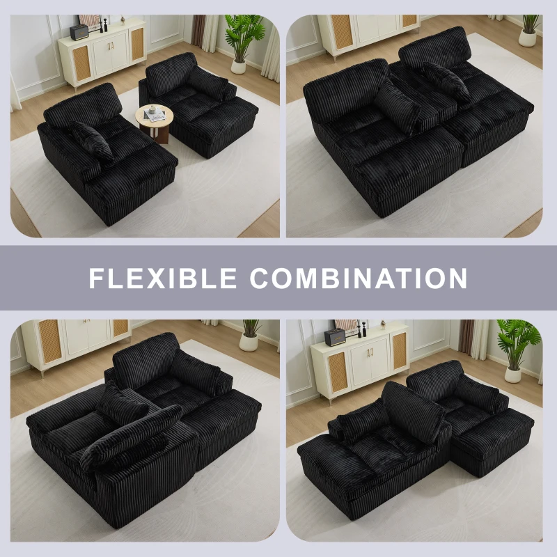 Doppelter Chaiselongue-Sessel für den Innenbereich, übergroße gepolsterte Cloud-Schlafcouch, luxuriöses Schlafsofa mit tiefem Sitz, geteiltes Chaiselongue-Sofa, Lesesessel aus Cord für das Wohnzimmer, kein Zusammenbau erforderlich, schwarz