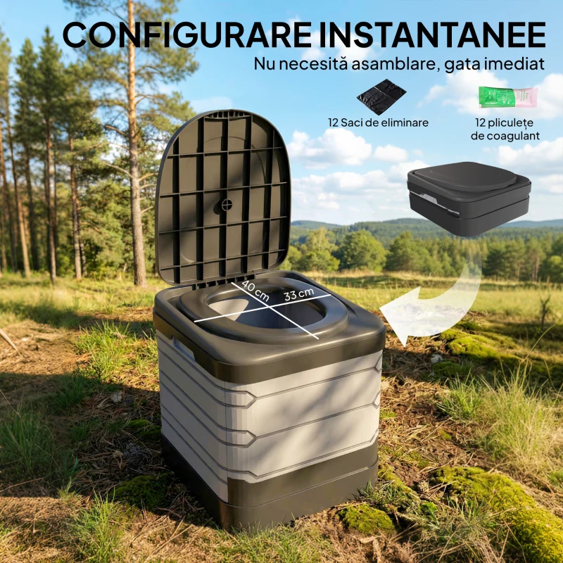 Outsunny WC Portabil pentru Camping cu 12 Pachete Coagulante și 12 Pungi de Eliminare, 42x46x43,5 cm, Gri și Negru