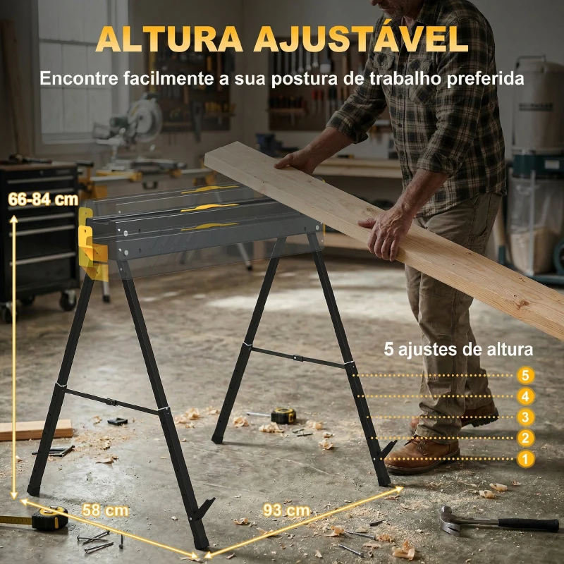 HOMCOM Conjunto de 2 Cavaletes para Serra Dobráveis Altura Ajustável para Madeira 2x4 com Alça e Ganchos Suporta até 500 kg Preto