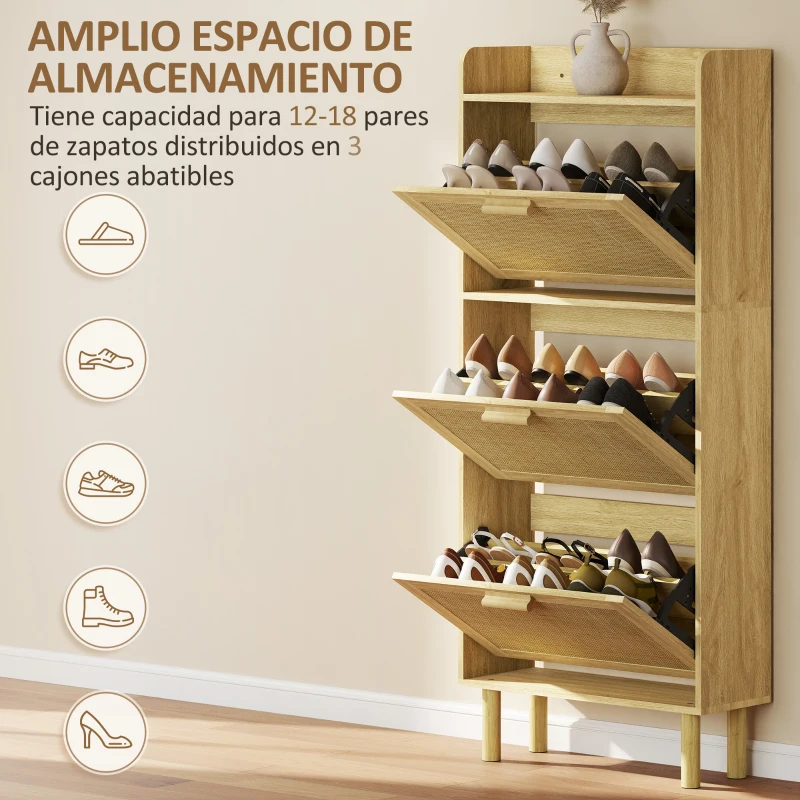 HOMCOM Mueble Zapatero con 3 Cajones Abatibles y Estante Abierto para12-18 Pares de Zapatos 65x24,5x153 cm Roble