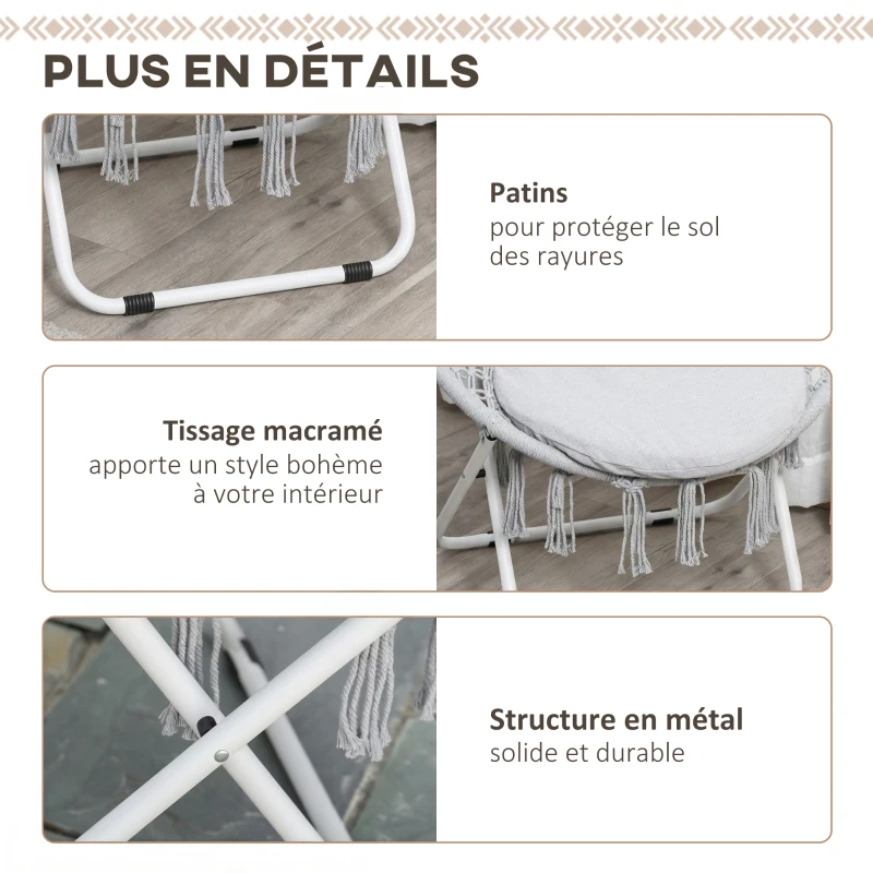 Outsunny Loveuse fauteuil rond de jardin fauteuil lune papasan pliable grand confort macramé coton polyester gris