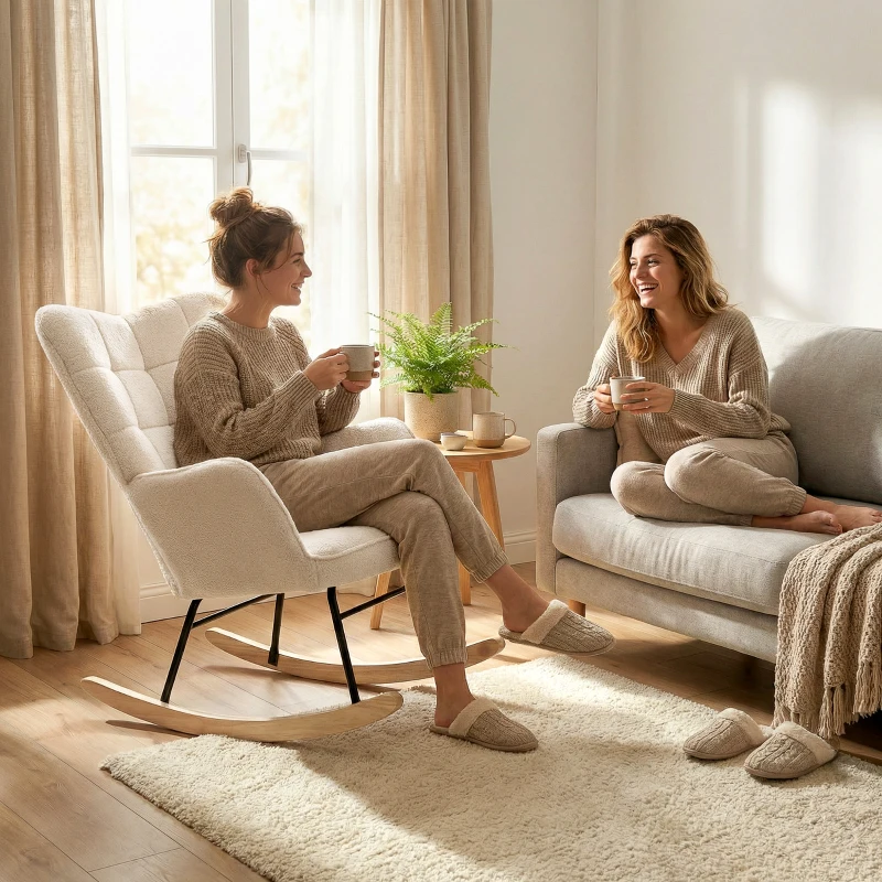 HOMCOM Fauteuil à bascule rocking chair revêtement effet laine bouclée, structure en acier 71 x 98 x 101 cm beige