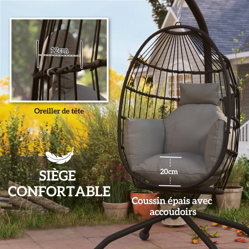 Outsunny Fauteuil suspendu, fauteuil oeuf suspendu panier pliable, coussin rembourré, porte-gobelet, 120x88x192cm, gris foncé