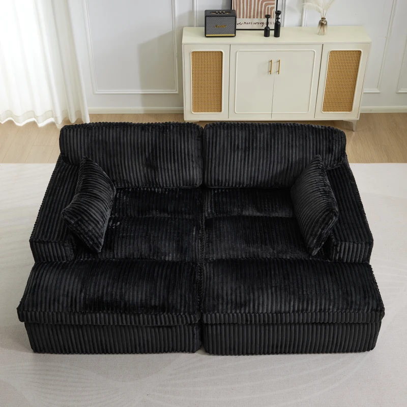 Doppelter Chaiselongue-Sessel für den Innenbereich, übergroße gepolsterte Cloud-Schlafcouch, luxuriöses Schlafsofa mit tiefem Sitz, geteiltes Chaiselongue-Sofa, Lesesessel aus Cord für das Wohnzimmer, kein Zusammenbau erforderlich, schwarz