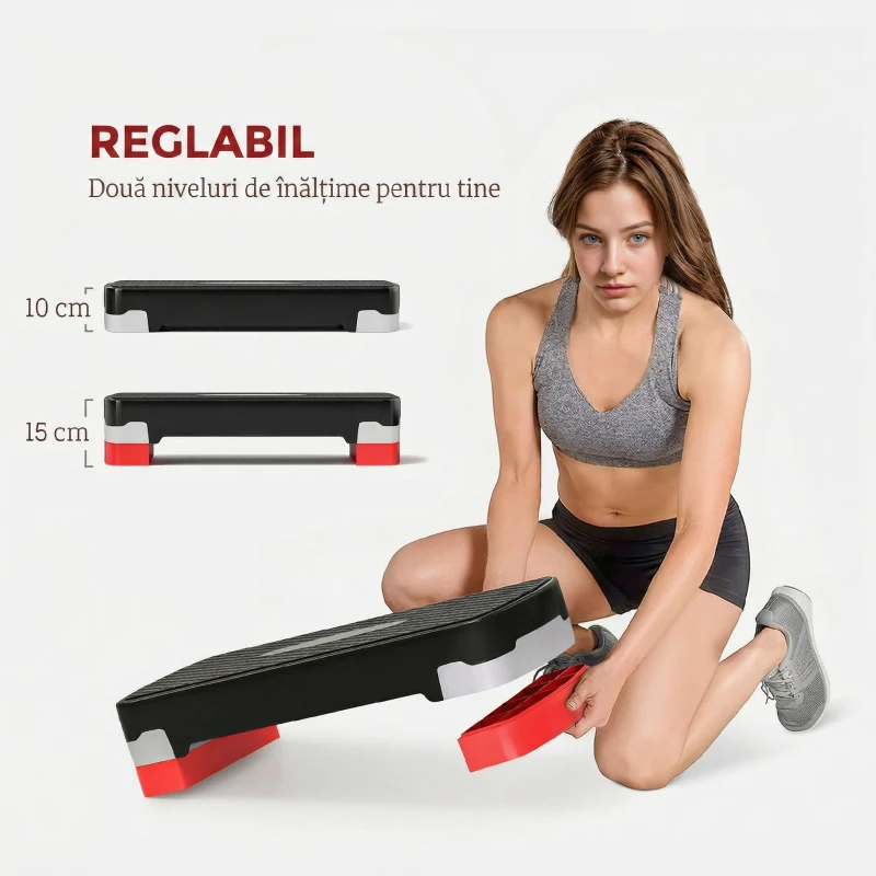 HOMCOM Step Fitness pentru Aerobic cu Înălțime Reglabilă 10-15 cm, 68x29cm Negru și Roșu