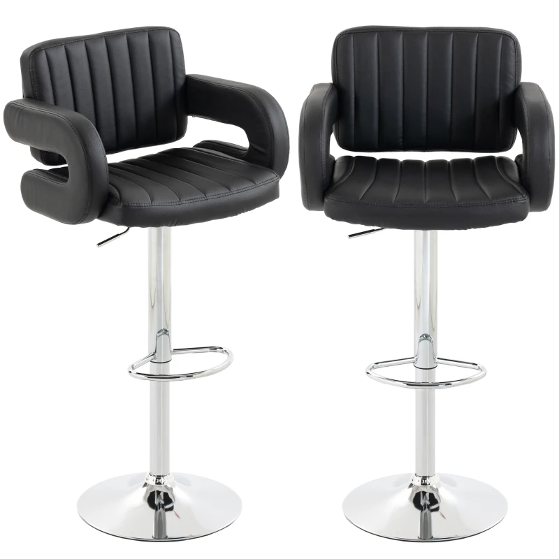 HOMCOM Bar Stools Adjustable Swivel Kitchen Chairs with Backrest Armrest Set of 2 PU Leather Black