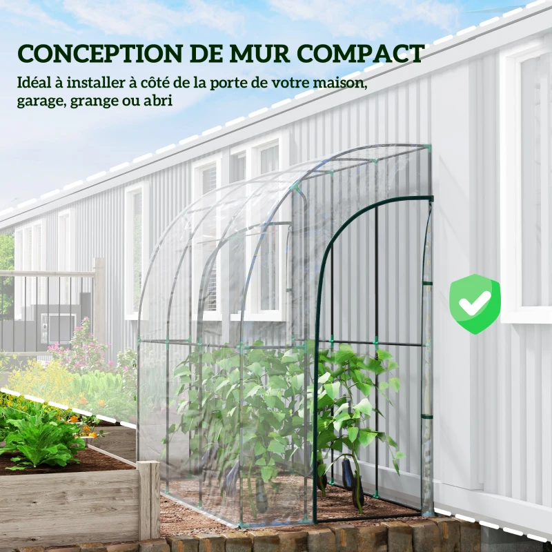 Outsunny Serre de jardin adossée, serre de balcon, bâche renforcée PVC, 2 portes enroulables, 214 x 118 x 212 cm, transparent
