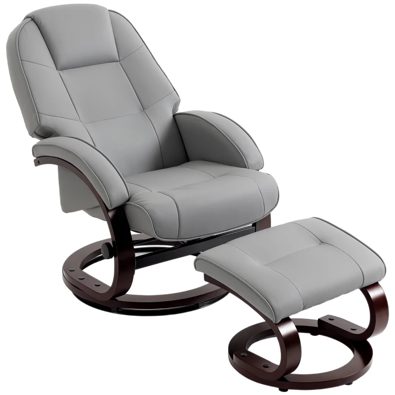 HOMCOM Swivel Recliner Chair with Footstool, PU Leather Recliner Armchair with Adjustable Back and Wood Frame, Grey