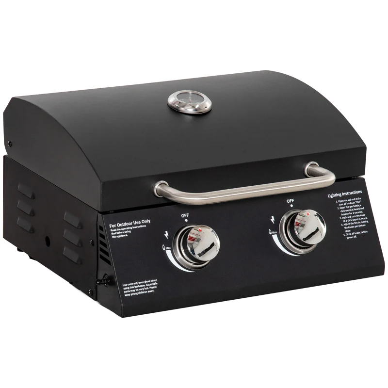 Outsunny Barbecue gaz de Table transportable Pieds Pliables - 2 brûleurs 5 KW - Barbecue gaz de Camping - Grille de Cuisson, réceptacle Graisse, thermomètre - Acier de Qualité Alimentaire Noir