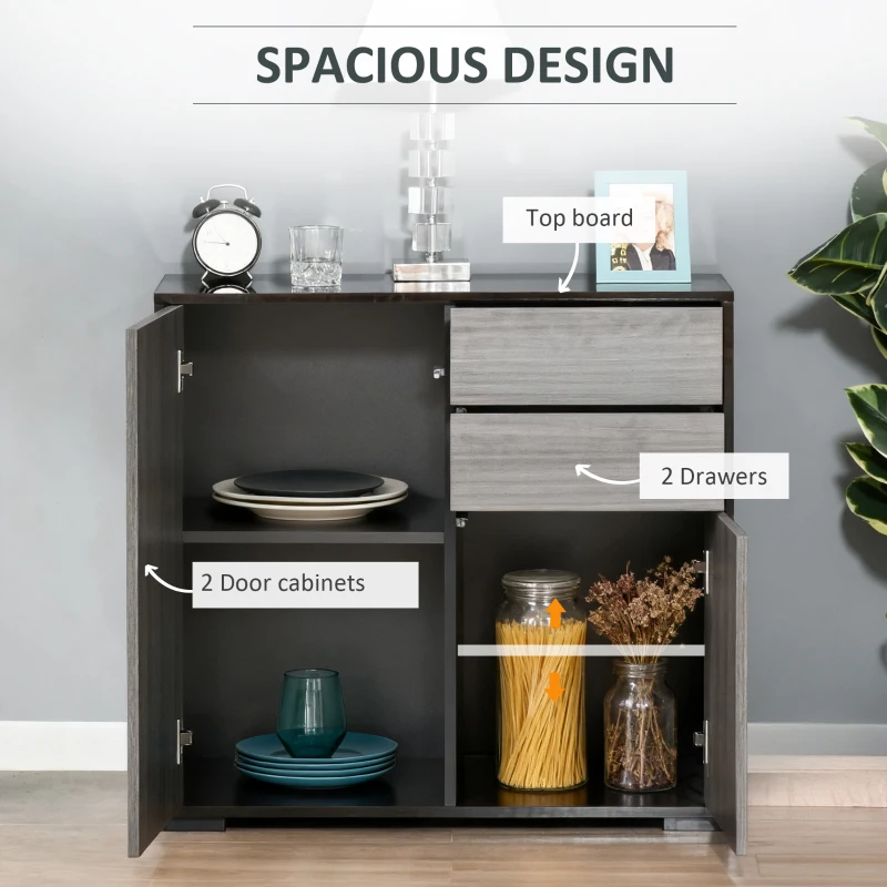 HOMCOM High Gloss Frame Sideboard, Push-Open Design with 2 Drawer for Living Room, Bedroom, 74H x 79W x 36Dcm, Light Grey and Black