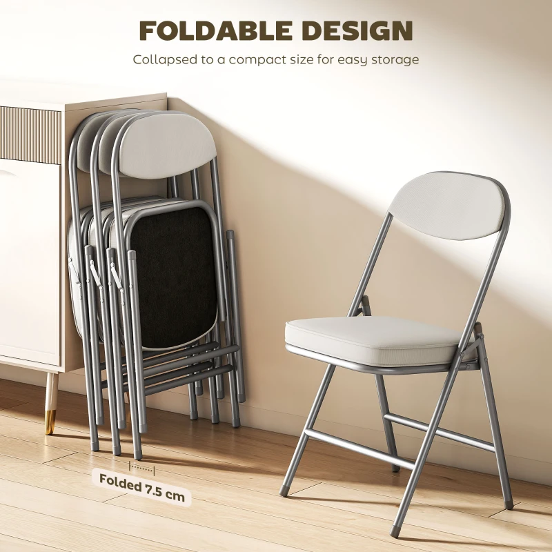 HOMCOM Set of Four Folding Corduroy Seat Chairs, Cream