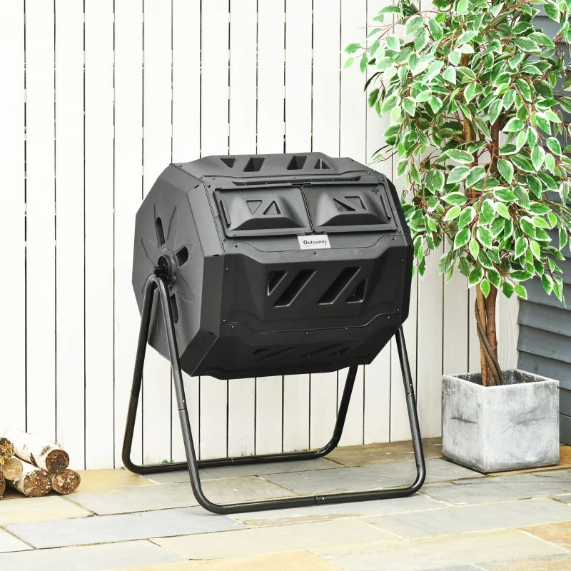 Outsunny Garden Composter - Compost Bin for Waste - 360° Rotating - Double Chamber 160 L - Black, PP & Epoxy Steel