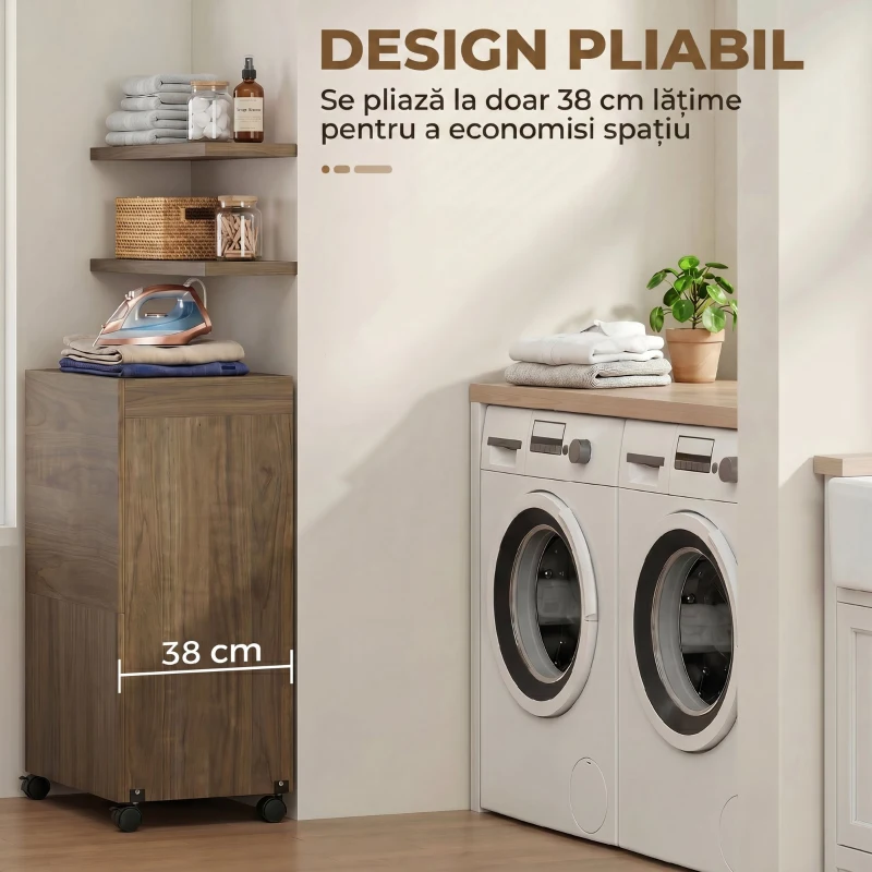 HOMCOM Dulap Masă de Călcat Pliabil cu Roți și Suport pentru Fier de Călcat, Dulap Multifuncțional cu Rafturi, Compartiment Deschis, pentru Spălătorie, Baie, 154x55x87 cm, Maro
