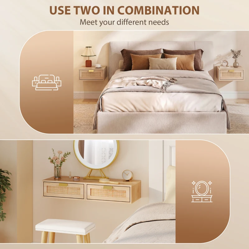 HOMCOM Floating Bedside Tables Set of 2, Wall Mounted Bedside Cabinets with Rattan Drawer and Wood Effect, Oak