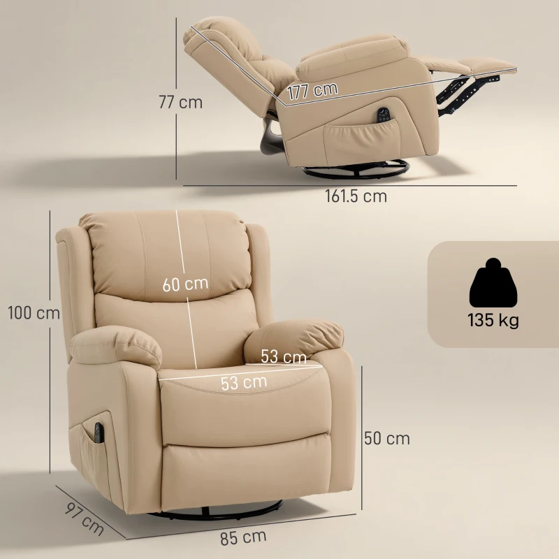 HOMCOM Poltrona Relax Reclinabile con 8 Punti Massaggianti, Riscaldanti e Poggiapiedi, 87x97X100 cm, Beige