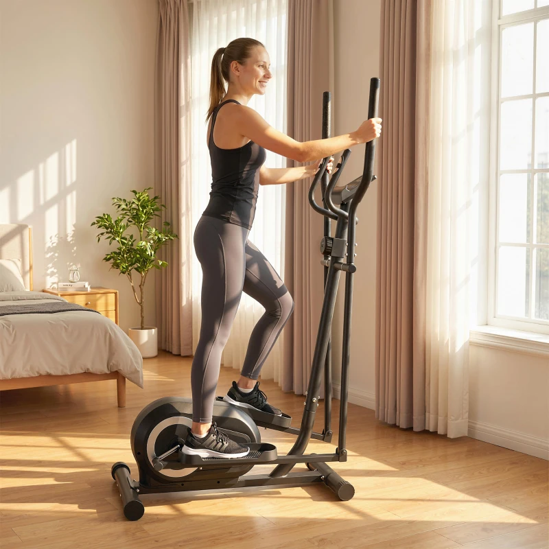 SPORTNOW Vélo Elliptique, Écran LCD, Résistance 8 Niveaux, Capteur Pouls, Bluetooth, Support pour Téléphone, 100x52x153cm, Gris