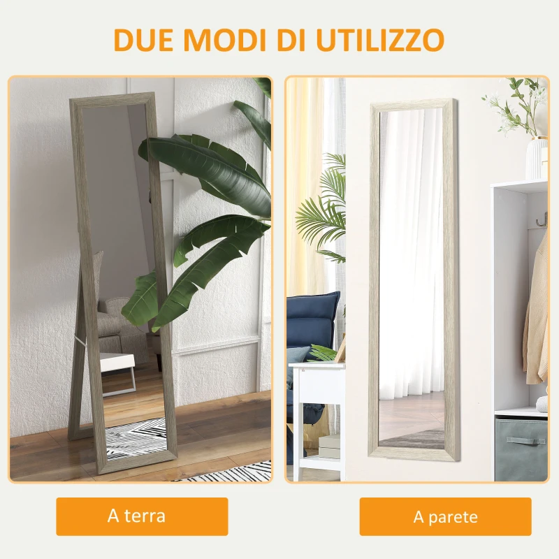 HOMCOM Specchio da Terra Moderno a Figura Intera con Cornice e Supporto, in Legno e Vetro, 37x40x155 cm, Grigio