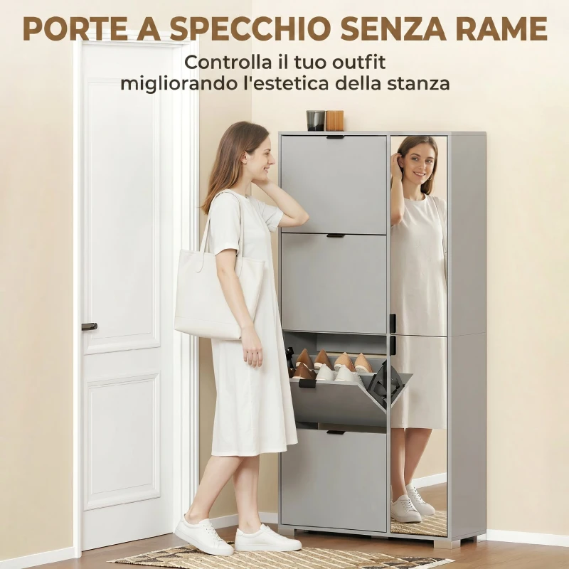 HOMCOM Scarpiera con Specchio, 4 Cassetti Ribalta, Scarpiera Ingresso, Grigio