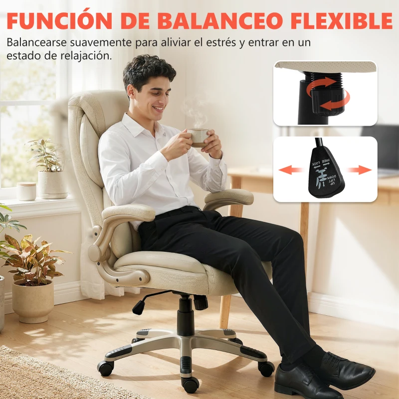 HOMCOM Silla de Oficina con Masaje Vibratorio de 4 Puntos Calor Lumbar Brazos Abatibles Respaldo Alto Altura Ajustable Crema