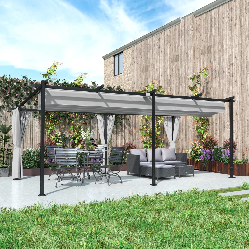 Outsunny Pergola jardin exterieur 3 x 6 m pergola coulissante rétractable avec parois latérales, abri soleil UPF30+, gris(m-10)