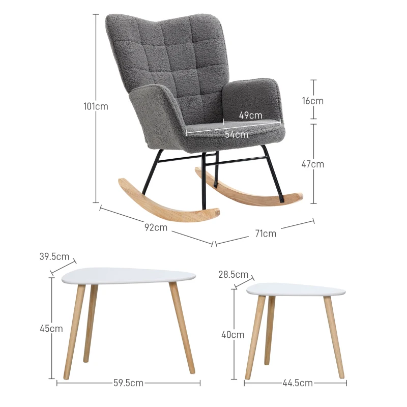 HOMCOM Living Room Furniture Set, Wingback Rocking Chair and Two Nesting Coffee Tables, White and Dark Grey