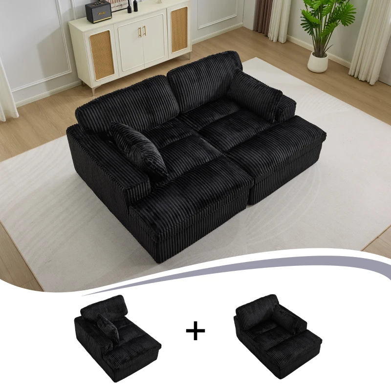 Doppelter Chaiselongue-Sessel für den Innenbereich, übergroße gepolsterte Cloud-Schlafcouch, luxuriöses Schlafsofa mit tiefem Sitz, geteiltes Chaiselongue-Sofa, Lesesessel aus Cord für das Wohnzimmer, kein Zusammenbau erforderlich, schwarz