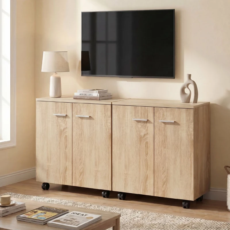 HOMCOM Aparador de Salón conRuedas 2 Puertas y Estantes para Sala de Estar Dormitorio Oficina 60x35x65 cm Natural