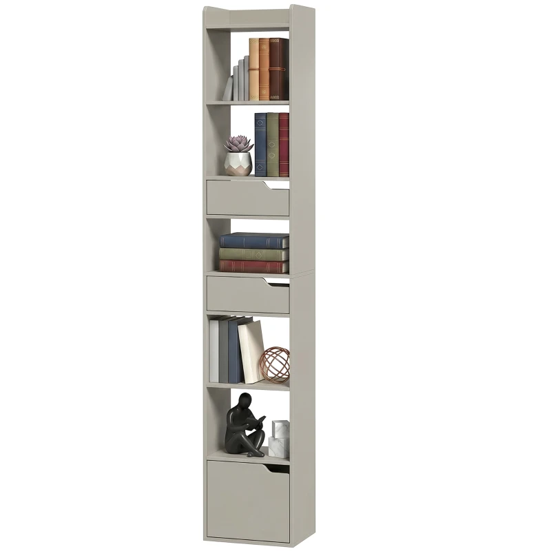 HOMCOM Bookcase Tall Narrow with 5 Tiers and Drawers Freestanding Bookshelf Storage Cabinet for Living Room Grey