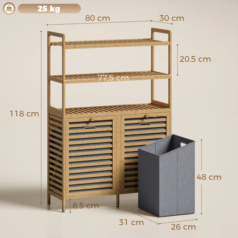 HOMCOM Estantería de Baño de Bambú con 2 Cestos para Ropa Sucia Inclinables 38,7 L y 3 Estantes 80x30x118 cm Roble