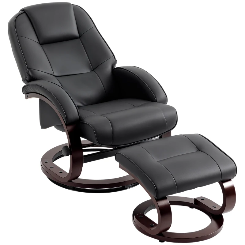 HOMCOM Swivel Recliner Chair with Footstool, PU Leather Recliner Armchair with Adjustable Back and Wood Frame, Black