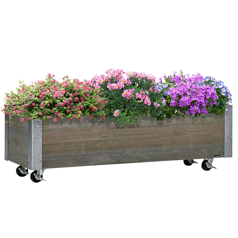 Outsunny Planter on Casters - Rectangular Planter - Irrigation Inserts, Drainage Felt Included - metal, solid wood, gray