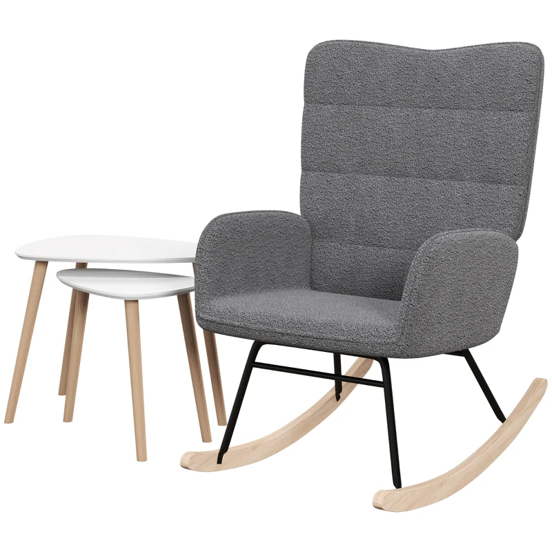 HOMCOM Living Room Furniture Set, Wingback Rocking Chair and Two Nesting Coffee Tables, White and Dark Grey
