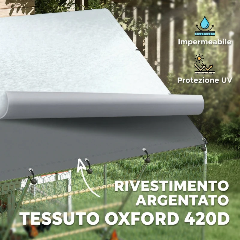 PawHut Recinto per Galline da 6m² per 6-8 Animali con Tetto Impermeabile, Mangiatoia e Posatoio, 3x2x1.9m, Argento