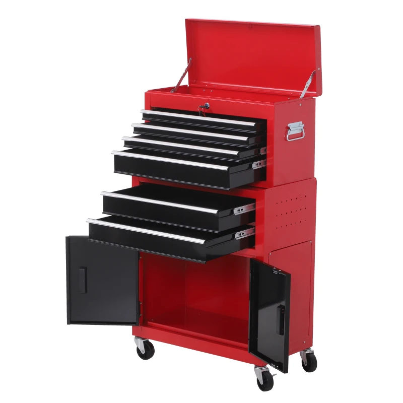 HOMCOM Tool Chest, Metal Tool Cabinet on Wheels with 6 Drawers, Pegboard, Top Chest and Roller Cabinet Combo, 61.6 x 33 x 108cm, Red